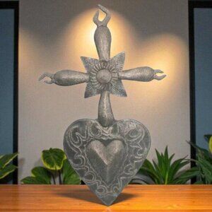 Haitian Art Metal Sculpture of Heart and Cross